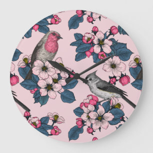 Birds and Blossoms on pink Large Clock