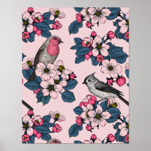 Birds and Blossoms on pink Poster