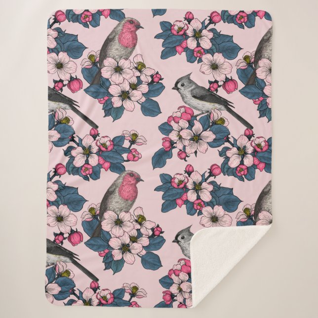Birds and Blossoms on pink Sherpa Blanket (Front)