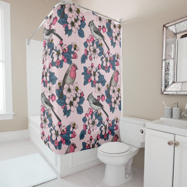 Birds and Blossoms on pink Shower Curtain (In Situ)