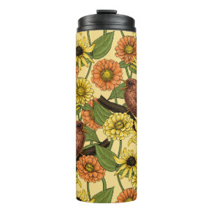 Birds and Blossoms on pink Thermal Tumbler