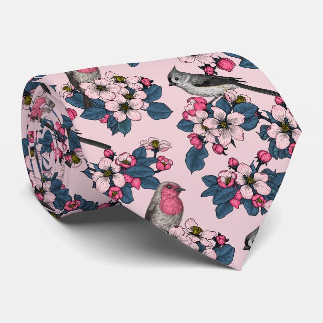 Birds and Blossoms on pink Tie (Rolled)