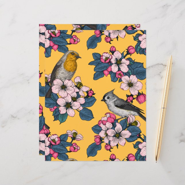 Birds and Blossoms on yellow (Front/Back In Situ)