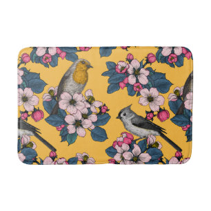 Birds and Blossoms on yellow Bath Mat