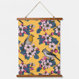 Birds and Blossoms on yellow Hanging Tapestry