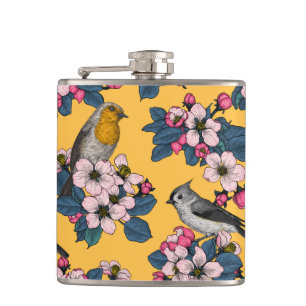 Birds and Blossoms on yellow Hip Flask