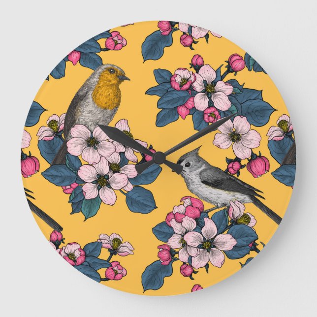 Birds and Blossoms on yellow Large Clock (Front)