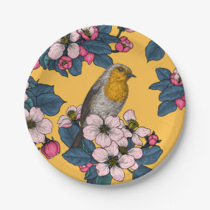 Birds and Blossoms on yellow Paper Plate