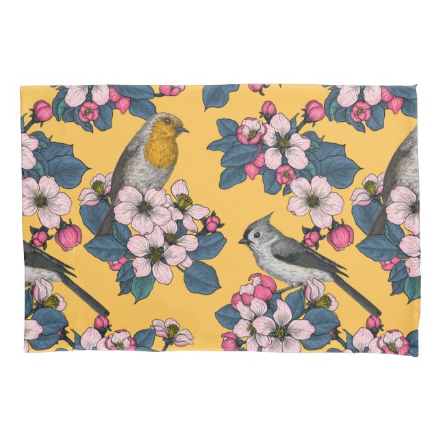 Birds and Blossoms on yellow Pillowcase (Front-Left)