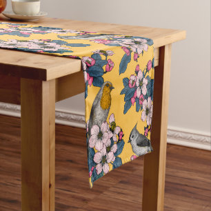 Birds and Blossoms on yellow Short Table Runner