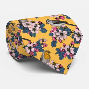 Birds and Blossoms on yellow Tie