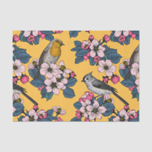Birds and Blossoms on yellow Tissue Paper