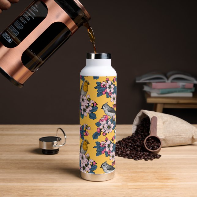 Birds and Blossoms on yellow Water Bottle (Coffee)