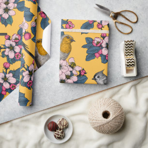 Birds and Blossoms on yellow Wrapping Paper