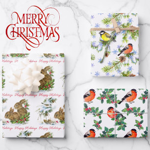 Birds and Bunnies Personalise Christmas 3 Wrapping Paper Sheet