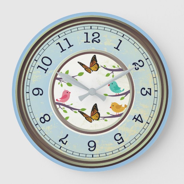 Birds and Butterflies Blue Farmhouse Style Large Clock (Front)