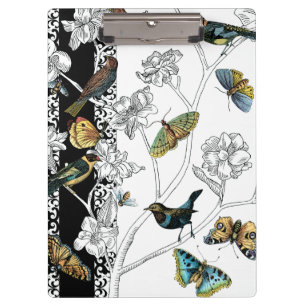 Birds and Butterfly on a Black & White Background Clipboard