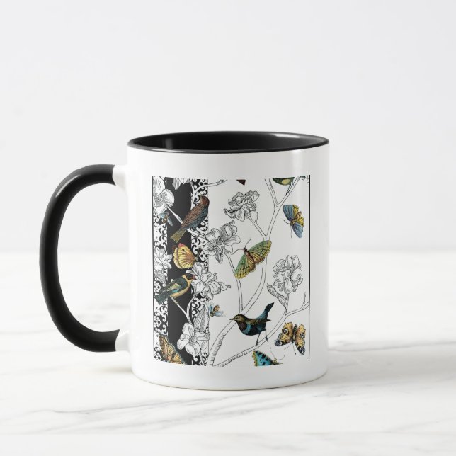 Birds and Butterfly on a Black & White Background Mug (Left)