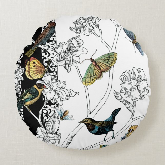 Birds and Butterfly on a Black & White Background Round Cushion (Front)