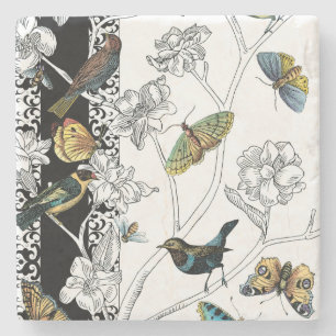 Birds and Butterfly on a Black & White Background Stone Coaster