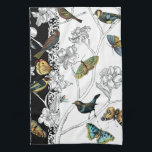 Birds and Butterfly on a Black & White Background Tea Towel<br><div class="desc">Artist Chariklia Zarris is a talented painter and designer. She likes painting birds and wild animals and this picture is no exception. The vivid colours of birds and the butterflies are accentuated by the black and white branches in the background.</div>