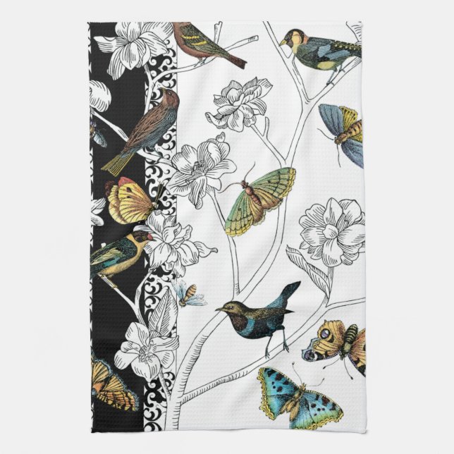 Birds and Butterfly on a Black & White Background Tea Towel (Vertical)