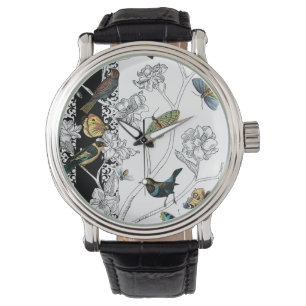 Birds and Butterfly on a Black & White Background Watch