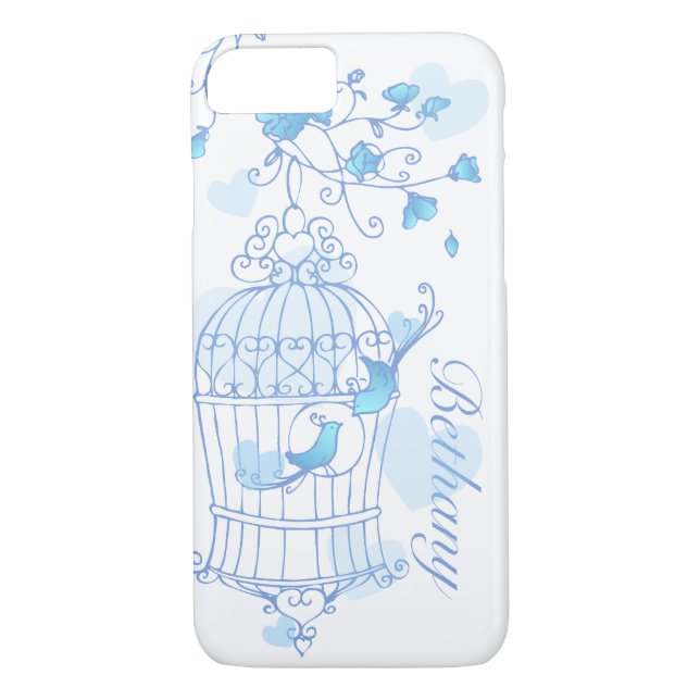 Birds and cage aqua blue name case (Back)