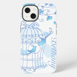 Birds and cage aqua blue name iphone case
