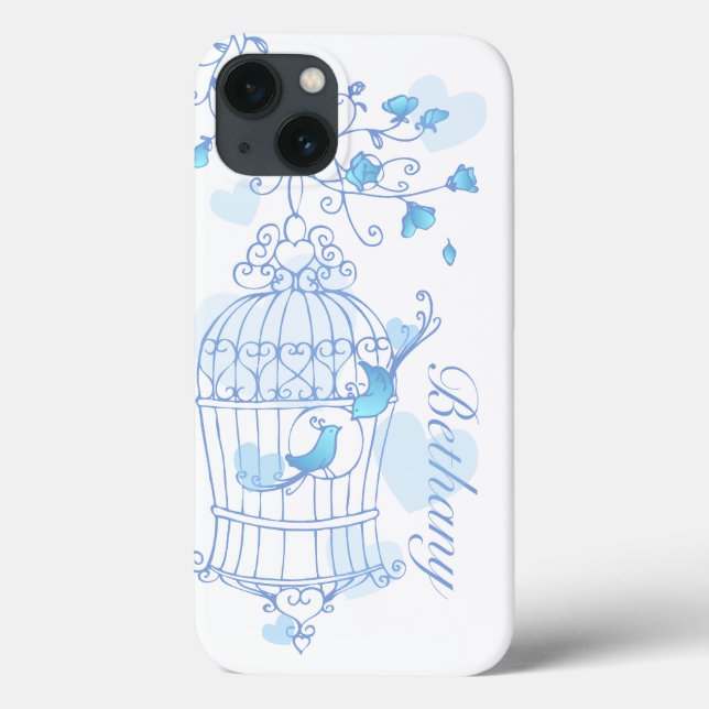 Birds and cage aqua blue name iphone case (Back)