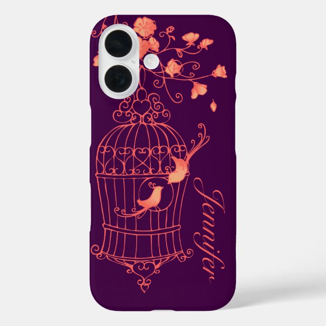 Birds and cage orange & purple name iPhone case (Back)