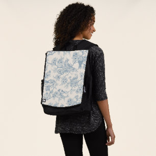 Birds and cherry blossom in blue and off white backpack