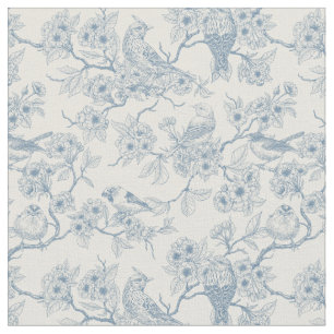 Birds and cherry blossom in blue and off white fabric