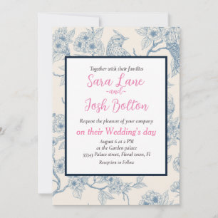 Birds and cherry blossom in blue and off white invitation