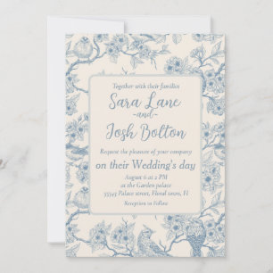 Birds and cherry blossom in blue and off white invitation