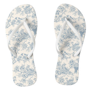 Birds and cherry blossom in blue and off white jandals