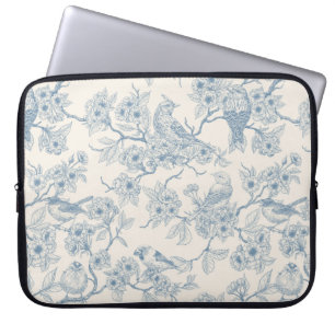 Birds and cherry blossom in blue and off white laptop sleeve