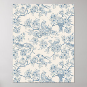 Birds and cherry blossom in blue and off white poster