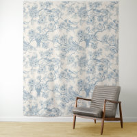 Birds and cherry blossom in blue and off white
