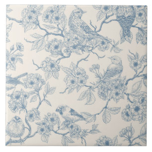 Birds and cherry blossom in blue and off white tile