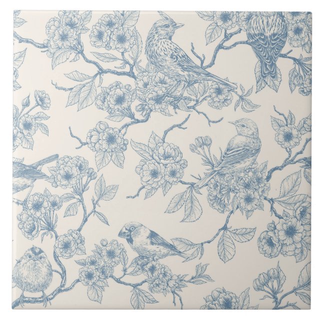 Birds and cherry blossom in blue and off white tile (Front)