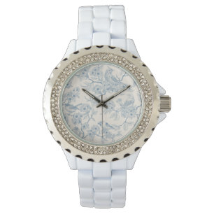 Birds and cherry blossom in blue and off white watch