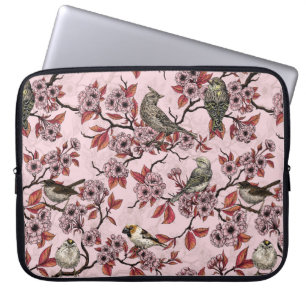 Birds and cherry blossom on rose pink laptop sleeve