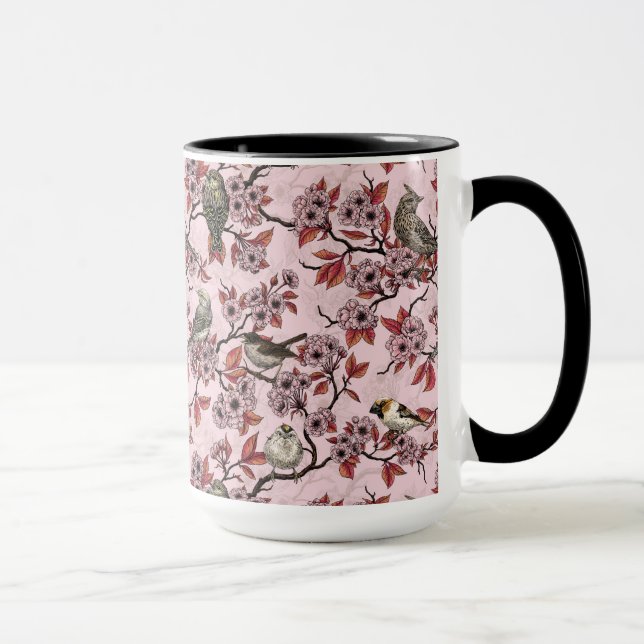 Birds and cherry blossom on rose pink mug (Right)