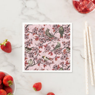 Birds and cherry blossom on rose pink napkin