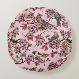 Birds and cherry blossom on rose pink round cushion
