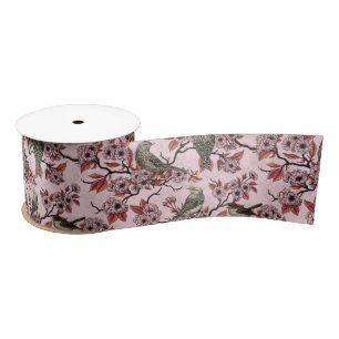 Birds and cherry blossom on rose pink satin ribbon