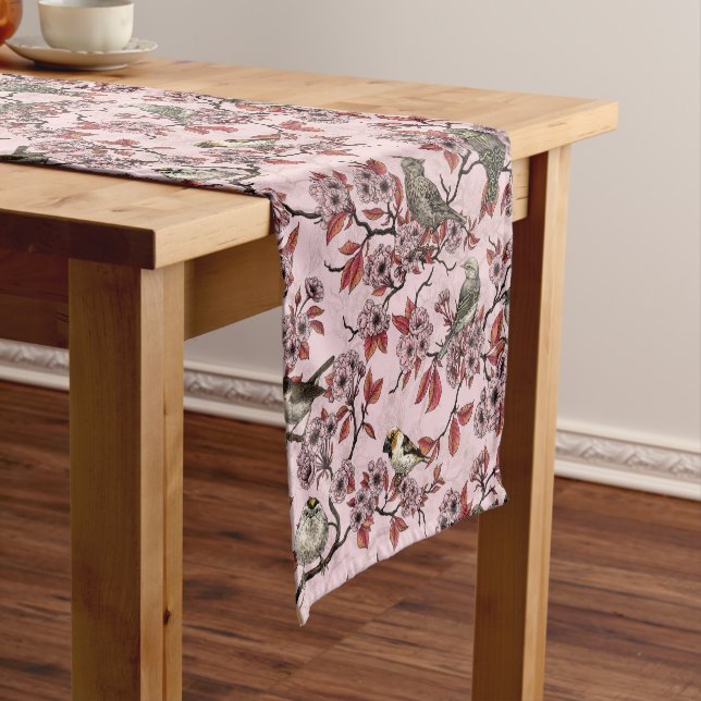 Birds and cherry blossom on rose pink short table runner (In Situ)