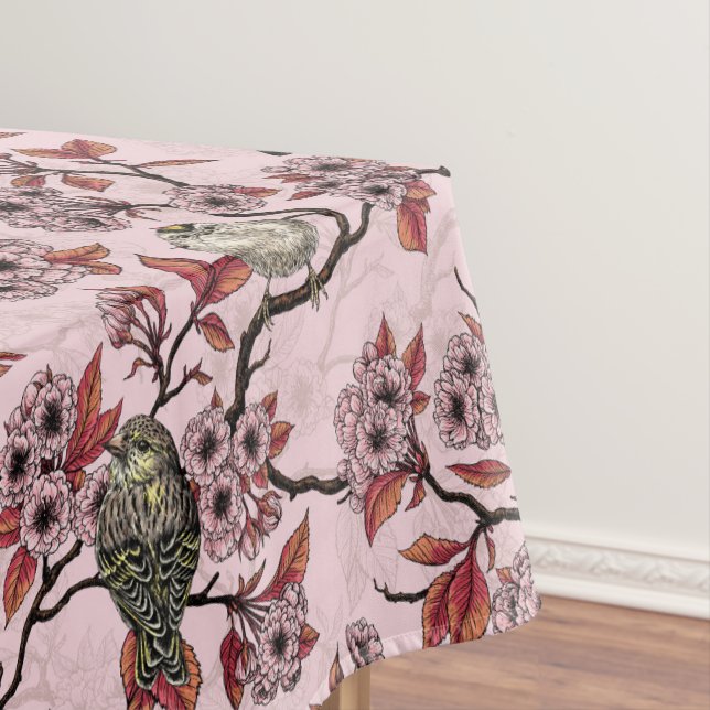 Birds and cherry blossom on rose pink tablecloth (In Situ)