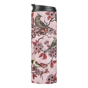 Birds and cherry blossom on rose pink thermal tumbler